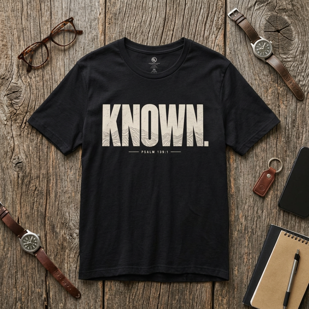 Black ETERNL LIFE T-shirt with distressed cream KNOWN. lettering and Psalm 139:1 on the front, laid flat on rustic wood.