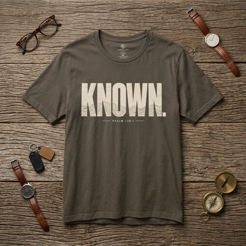 Olive ETERNL LIFE T-shirt with distressed cream KNOWN. lettering and Psalm 139:1 on the front, laid flat on a rustic wood surface.