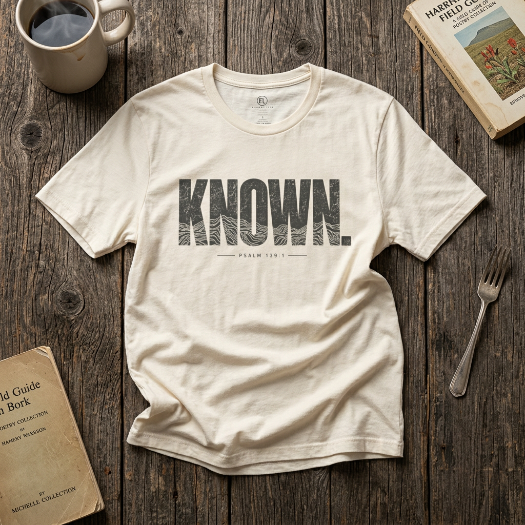 Cream ETERNL LIFE T-shirt with distressed black KNOWN. lettering and Psalm 139:1 on the front, laid flat on rustic wood.