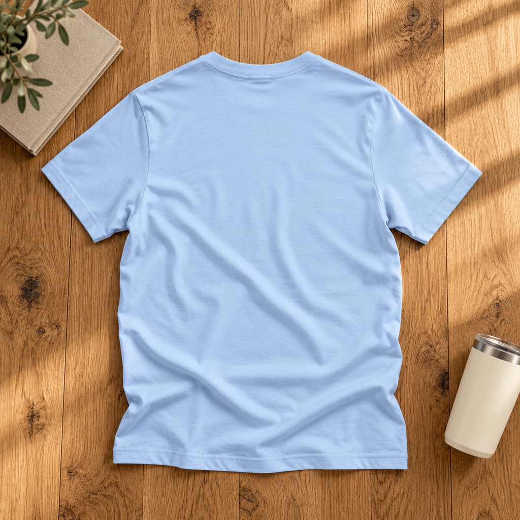 One More Chapter Bella+Canvas 3001 tee in Baby Blue — plain back on rustic wood