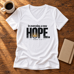 HOPE. women’s V-neck tee in Solid White Blend — front with sunrise HOPE graphic and Romans 15:13 reference