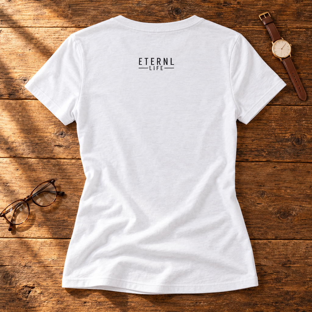 HOPE. women’s V-neck tee in Solid White Blend — back with small ETERNL LIFE upper-back mark